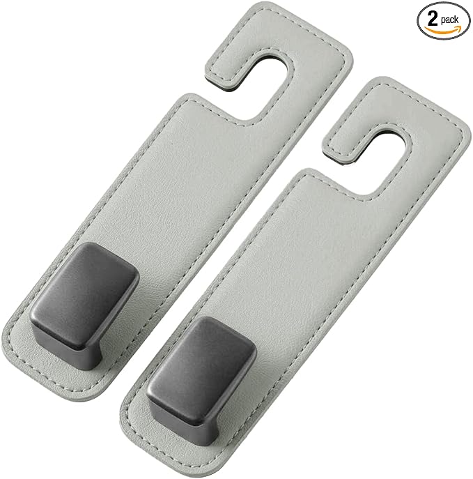 Car Headrest Hook,Premium Leather Back Seat Hanger for Purse & Bags | Solid 40lb metal core,360-degree silent rotation,space-saving hidden folding,durable dual support (2, Grey) by Unknown