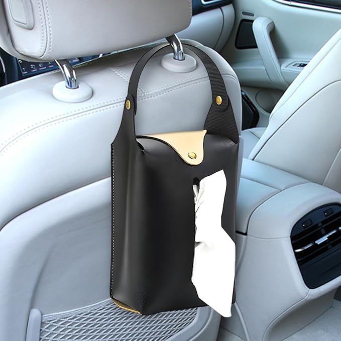 Car Tissue Holder, Large Car Headrest Hanging Tissue Box Cover, PU Leather Auto Napkin Holder, Universal Vehicle Backseat Paper Organizer for Cars Sun Visor (Black) by Unknown