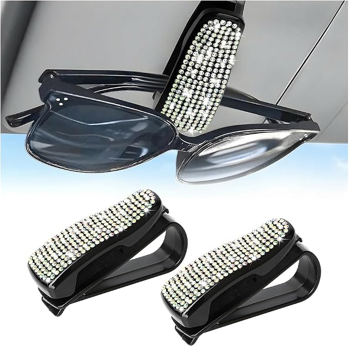 HZEL 2PCS Bling Sunglasses Holder for Car Visor, Crystal Rhinestone Sun Visor Eyeglasses and Ticket Card Mount Clip, Shiny Diamond Auto Glasses Hanger Holder, Universal for Vehicles (Multicolor) by Unknown