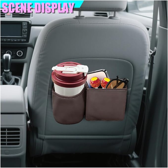 Car Side Door Organizer, Leather Auto Back Seat Storage Pouch with Cup Holder, Car Console Side Trash Can, Universal Vehicle Interior Organizer Pocket for Phone, Coin, Sunglasses (Brown) - Image 3