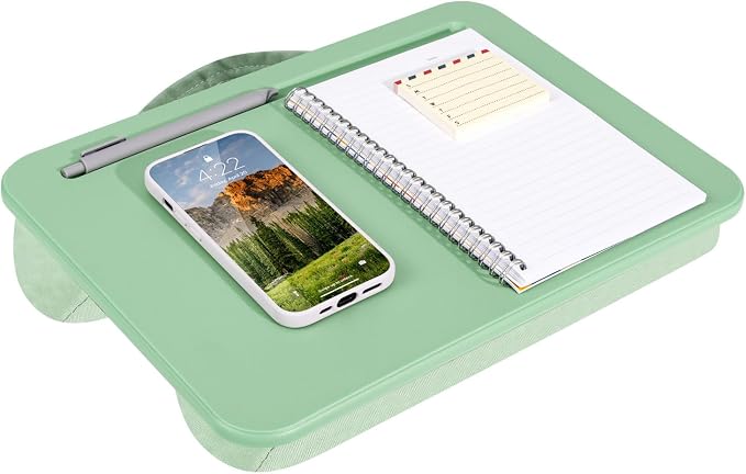 LAPGEAR Compact Lap Desk – Sage Green, Fits 14" Laptops | Microbead Cushion, Built-In Pencil Slot, Carry Handle, Fits Standard Letter-Size Paper (8.5" × 11") by LapGear
