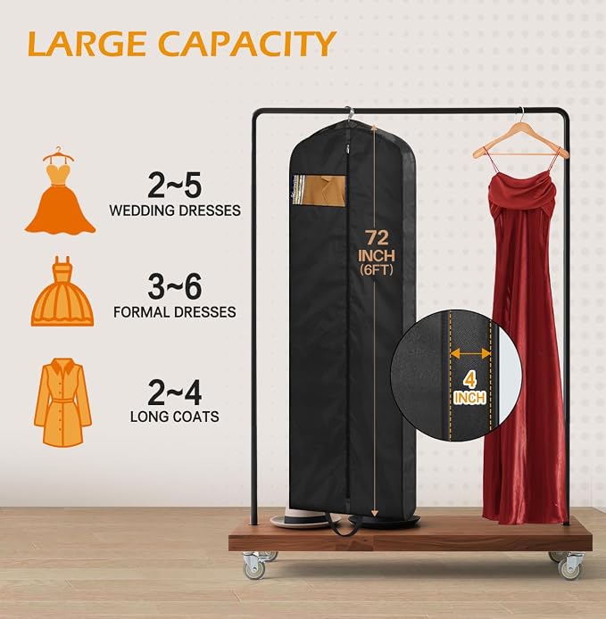 MISSLO 72" Wedding Dress Garment Bag Waterproof Garment Bags for Travel for Women Dress Bags for Gowns Long for Closet Storage, Black - Image 4