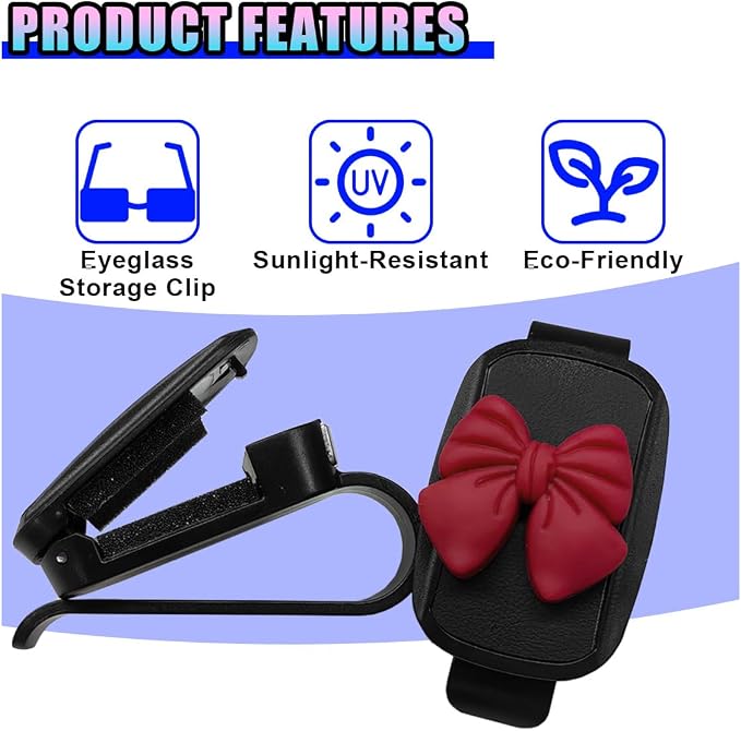 2PCS Cute Bow Glasses Holders for Car Sun Visor, Automotive Leather Sunglasses & Ticket Card Organizing Clip, Universal Vehicle Interior Eyeglasses Mount for Cars, Trucks, SUVs (Red) - Image 4
