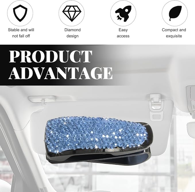 Wevdn 2 PCS Car Sun Visor Glasses Holder, Fashion Bling Car Eyeglasses Sunglasses Hanger for Women Girls, Glasses Holder Clip Hanger Mount with Ticket Card Clip, Car Accessories (Light Blue) - Image 4