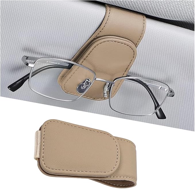 Sunglasses Holder for Car Visor, Microfiber Leather Magnetic Sun Visor Eyeglasses Hanger & Ticket Card Clip, Multi-Function Automotive Interior Glasses Mount, Universal Fit (Beige) by Ywdiml