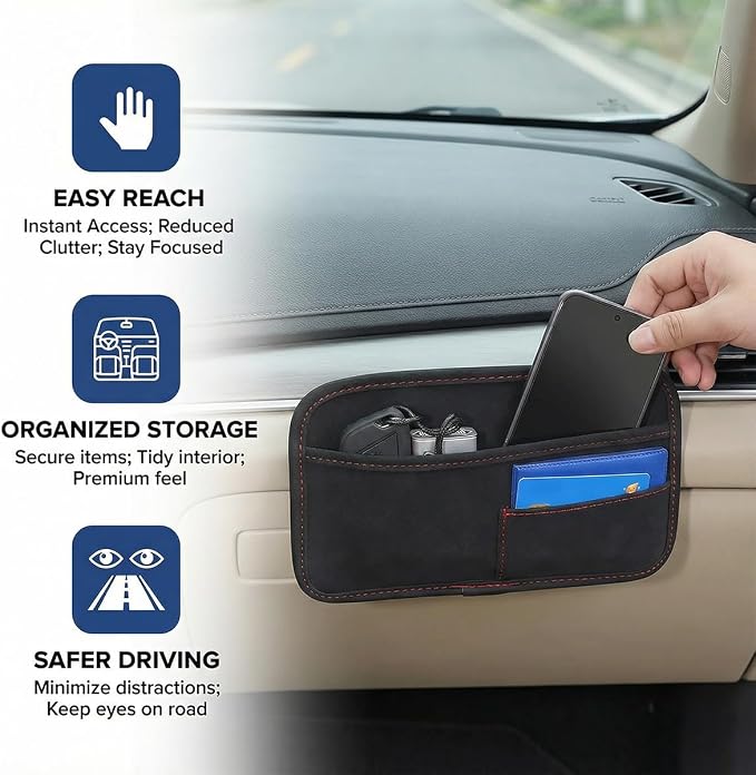 Car Seat Side Pocket Organizer, Suede Leather Vehicle Console Side Cell Phone Holder Storage Bag, Multifunctional Automotive Interior Seat Gap Filler Pocket Pouch, Universal Fit (Black) - Image 5
