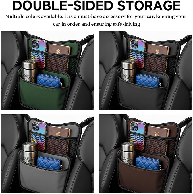 Car Organizer Storage Between Seats, Car Purse Holder, Nappa Leather Front Seat Storage Bag with Tissue Holder, Large Capacity Auto Console Organizer for Document Phone Wallet Snack (Green) - Image 6