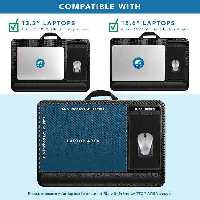 LAPGEAR Home Office Pro Lap Desk - Black Carbon, Fits 15.6” Laptops | Built-In Mouse Pad & Phone Slot, Wide Cushioned Wrist Rest, Dual-Bolster Microbead Cushion, Carry Handle - Image 3