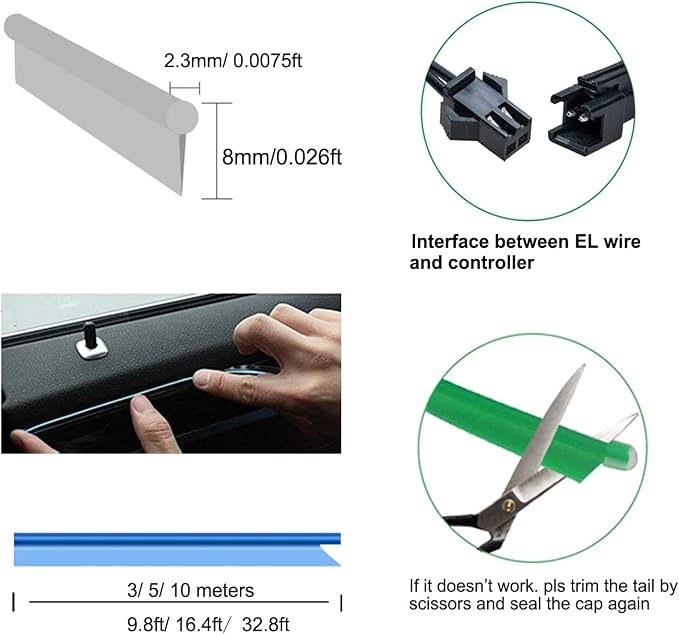 El Wire Mutilcolor Interior Car LED Strip Lights,3M Neon Wire USB 5V with Fuse Protection for Automotive Interior Decoration, with 6mm Sewing Edge - Image 5