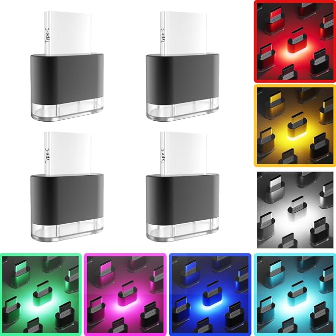 Type-C Adapters Atmosphere Light 4-Pack Universal Plug-in Miniature LED Night Light for Car Interior and Trunk Ambient Lighting Armchair lamp (Red) - Image 8
