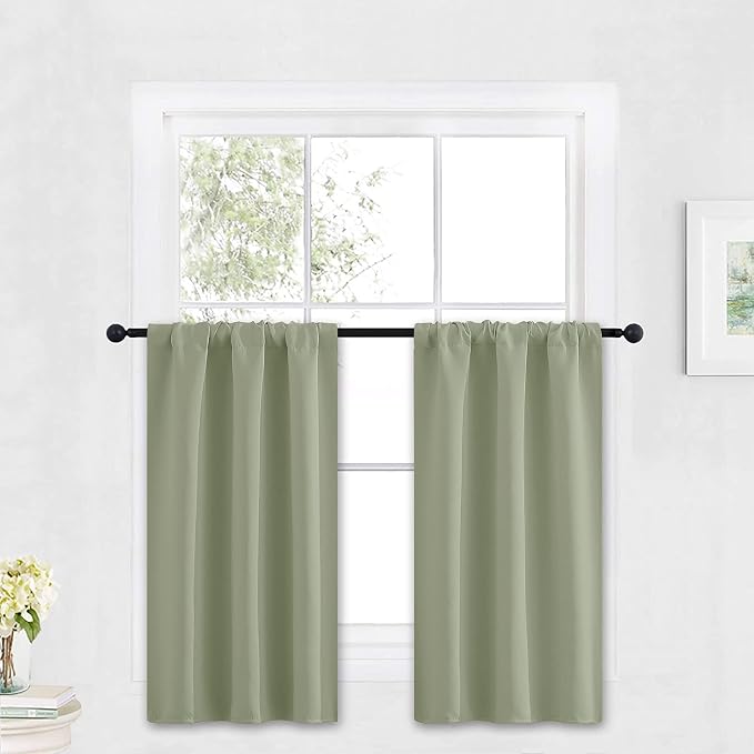 RYB HOME Cafe Blackout Curtains 30 inch Length, Short Window Curtain Tiers | Light UV Heat Blocking,Energy Saving,Privacy Protection,For Basement Bathroom Kitchen Window,W29 x L30,Sage Green,2 Panels by RYBHOME
