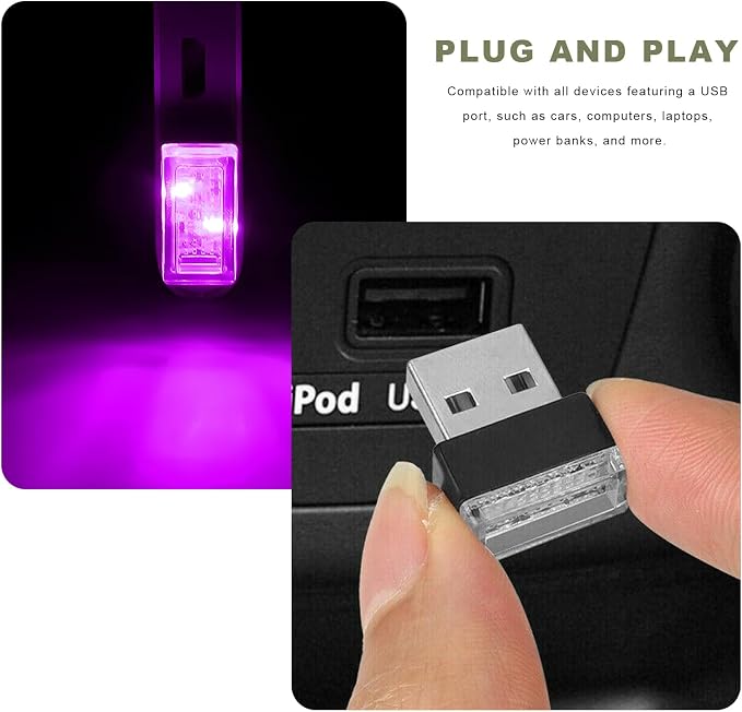 4 PCS USB LED Car Interior Atmosphere Lamp, Mini Night Light Plug-In Trunk Ambient Lighting Kit, Portable USB Interface LED Lamp Interior Decoration for Vehicle Home Office (Purple) - Image 6