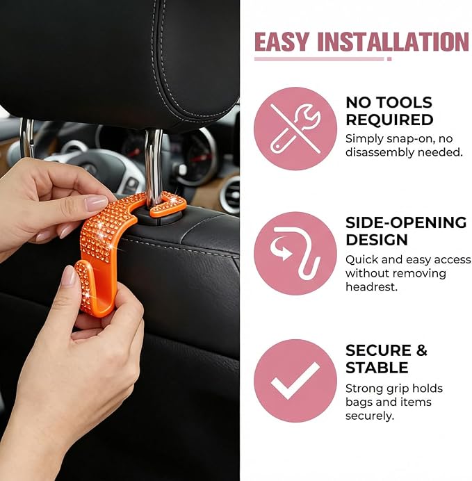 4PCS Bling Car Seat Headrest Hook, Crystal Rhinestone Backseat Hanger Organizer for Purse Handbag Umbrella, Shiny Auto Interior Seat Back Storage Holder Hook, Universal Fit (Orange) - Image 3