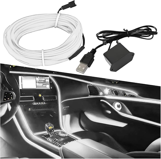 ZIMISI EL Wire Car Interior LED Strip Lights, Neon Light Strip (White) | 5V 16FT Car Ambient Lighting Decorations with Sewing Edge, USB Electroluminescent Car Interior Lights with Fuse Protection by Unknown