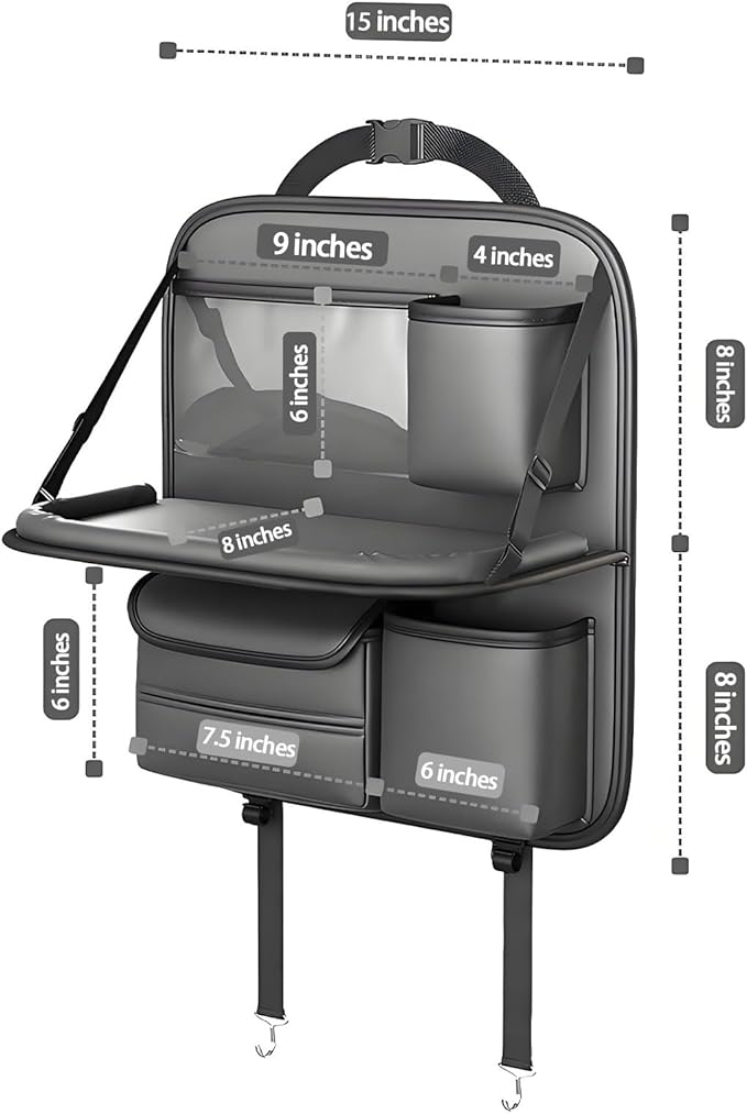 2 Pack Universal Premium Leather Foldable Car Backseat Organizer with Table Tray, Seat Back Protector with Touch Screen Pad Phone Holder, Car Storage Pockets Tissue Box with School Bags Hooks - Image 6