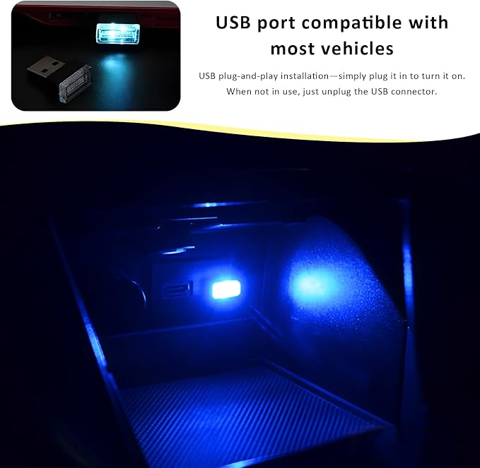 4PCS USB LED Car Interior Atmosphere Lamp, Plug-in USB Interface LED Night Lighting Decoration, Mini Portable Ambient Lights Kit Universal Interior Accessories for Most Cars (Blue) - Image 6