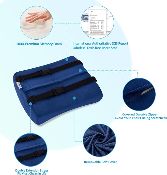 SAIREIDER Office Chair Lumbar Pillow, Memory Foam Back Support Pillows for Car、Gaming Chair、 Home Chair, Fatigue Relief Correct Posture, Double Adjustable Straps(Navy Blue) - Image 4