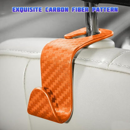 4 Pack 4.13 Inch Carbon Fiber Car Seat Headrest Hooks, Orange | plastic body, supports up to 55 lb, tool-free post fit, rotates beneath headrest when idle, interior storage accessory - Image 6
