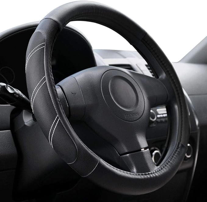 Elantrip Sport Leather Steering Wheel Cover 14 1/2 inch to 15 inch Universal, Padded Soft Grip Breathable for Car Truck SUV Jeep, Anti Slip Odorless Black by Elantrip