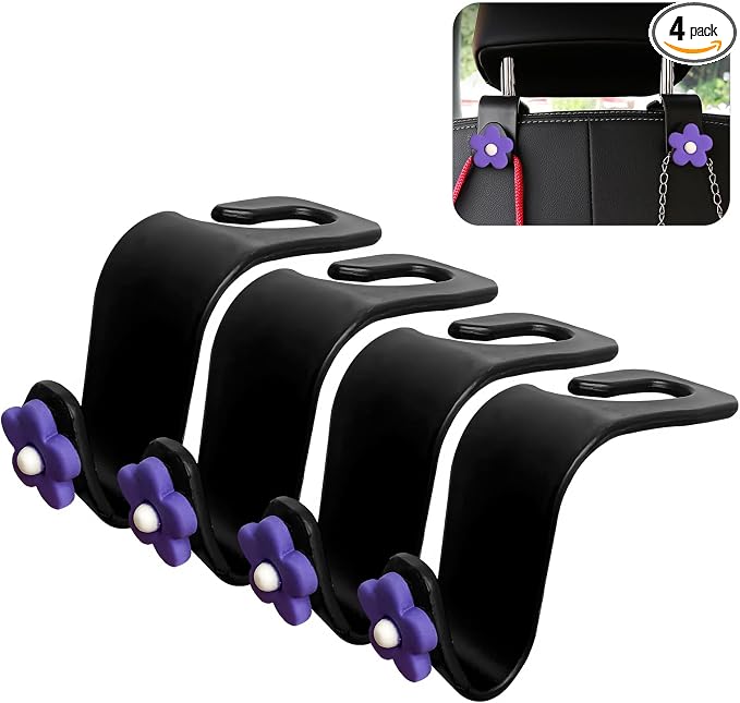Yourkar 4 PCS Car Seat Headrest Hook, Plastic Headrest Hooks with Adhesive Flower, Auto Back Seat Hanger Storage Hook for Grocery Bag Purse Handbag Umbrella, Car Accessories (Purple) by Unknown