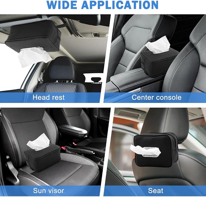 Car Tissue Box Holder, Backseat Rectangular Napkin Holder with 4 Hooks, Small 7.5in PU Leather Napkin Organizer with Metal Ring for Easy Pulling, Fits Headrest, Dashboard & Sun Visor(Color:Black) - Image 7