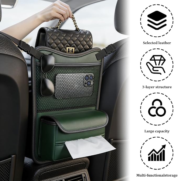 Car Organizer Storage Between Seats, Car Purse Holder, Nappa Leather Front Seat Storage Bag with Tissue Holder, Large Capacity Auto Console Organizer for Document Phone Wallet Snack (Green) - Image 5