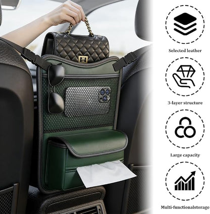Car Organizer Storage Between Seats, Car Purse Holder, Nappa Leather Front Seat Storage Bag with Tissue Holder, Large Capacity Auto Console Organizer for Document Phone Wallet Snack (Green) - Image 5