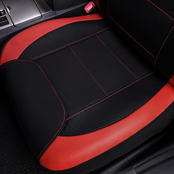 Flying Banner car seat Covers Protects Water Proof Faux Leather Carbon Fiber Front and Rear Bench (Red Black, Full Set - 9PCS) - Image 5