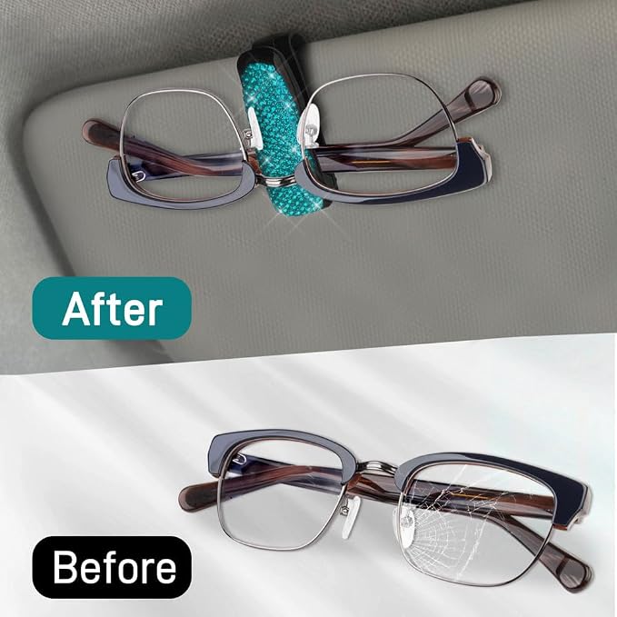 2PCS Glasses Holders for Car Sun Visor, Fashion Bling Crystal Rhinestones Car Eyeglasses Sunglasses Hanger Mount with Ticket Card Clip, Universal Vehicle Visor Accessories for Women Men (Lake Blue) - Image 4