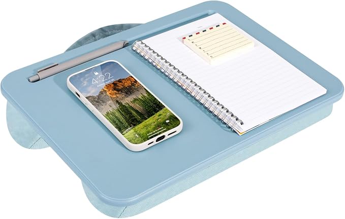 LAPGEAR Compact Lap Desk – Sky Blue, Fits 14" Laptops | Microbead Cushion, Built-In Pencil Slot, Carry Handle, Fits Standard Letter-Size Paper (8.5" × 11") by LapGear