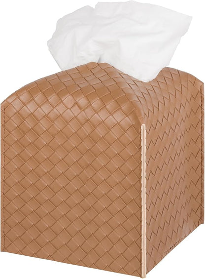 Tissue Box Cover Square Leather Facial Paper Holder, Brown | PU Leather，Easy to Fill, Easy Clean, Decorative Cube Tissue Box Holder for Office, Bathroom,Kitchen, Living room, Guest room by zoocatia