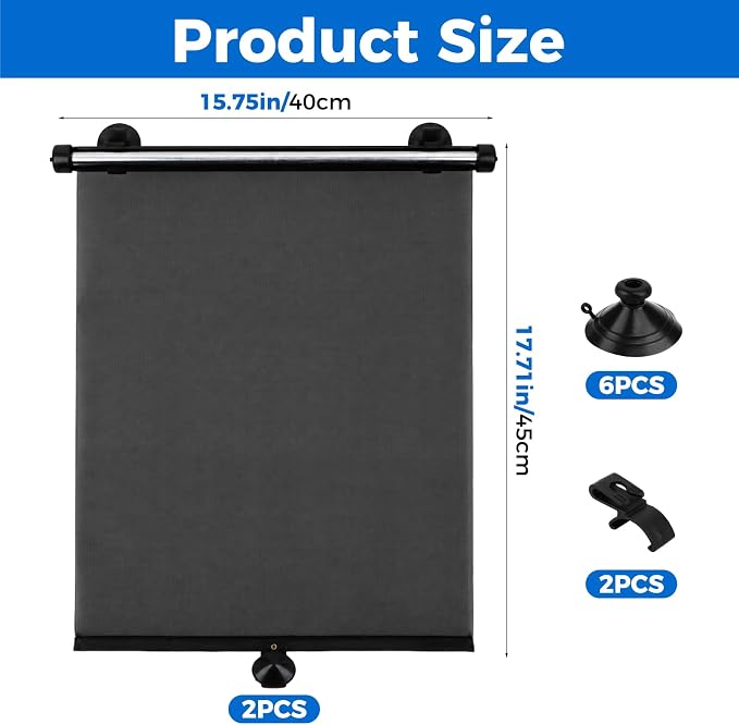 2 Pack Retractable Car Side Window Sun Shade, 15.7" x 17.7" Roller Sunshade with Suction Cups, Blocks Heat UV Rays, Privacy Protection for Baby Kids, Universal Fit for Cars, SUVs, Trucks, Black - Image 2