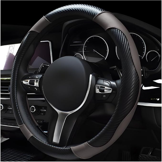 povtii Car Steering Wheel Cover, 15 Inch Leather Breathable Auto Steering Wheel Protector, Comfortable Non-Slip Vehicle Steering Wheel Covers, Universal Car Accessories (Gray, with Lining) by povtii
