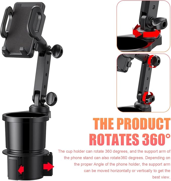 Car Cup Holder Mobile Phone Rack, Multi-Function 2 in 1 Cup Holder Expander, 360 Degrees Rotatable Automotive Phones Mount, Universal for Most Cars, Trucks, SUVs (Black) - Image 3