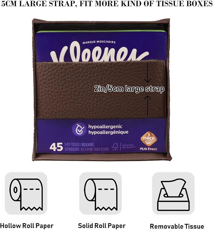 Tissue Box Cover Holder Square Tissue Cube Cover PU Leather Tissue Organizer with Bottom Belt for Bathroom, Tabletop, Car, Night Stands, Office, Home, Kitchen (1, CoffeeBrown) - Image 3