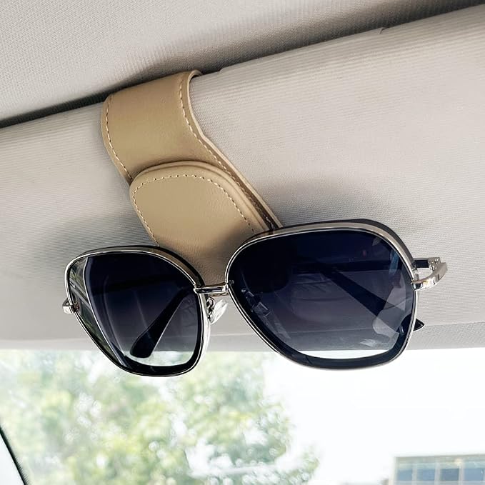 2Pcs Sunglass Holder for Car, Magnetic Leather Eyeglass Hanger Clip for Car Sun Visor, Sunglasses Holder and Ticket Card Clip for Car Visor Accessories (Beige) - Image 2