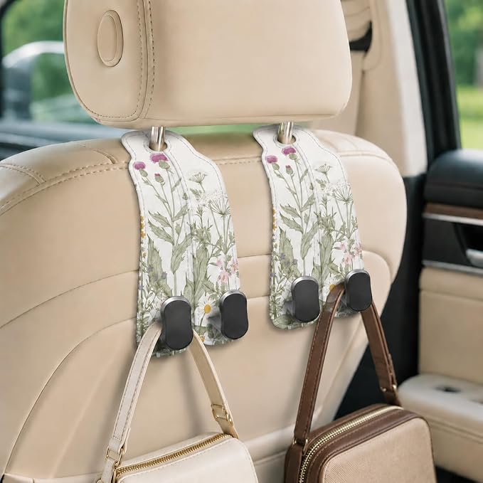 Cute Vintage Wildflower Car Seat Back Storage Headrest Hooks for Purses & Bags – 2PCS PU Leather Dual Metal Hooks, Backseat Organizer Accessories - Image 5