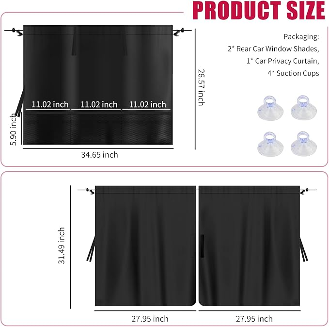 3PCS Car Privacy Curtains Set,Upgraded Car Window Shades & Cars Divider Curtain with Storage Pockets,Portable Cars Curtains for Windows for Sun Blocking & Privacy Protection - Image 2