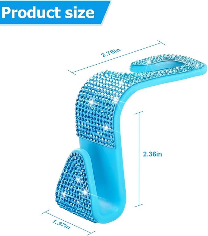 Zpana 4PCS Bling Car Seat Headrest Hooks, Crystal Rhinestones, Light Blue | Vehicle Back Seat Purse Handbag Hanging Holder, Crystal Diamond Design for Girls, Storage Organizer Hook, Universal Fit - Image 2