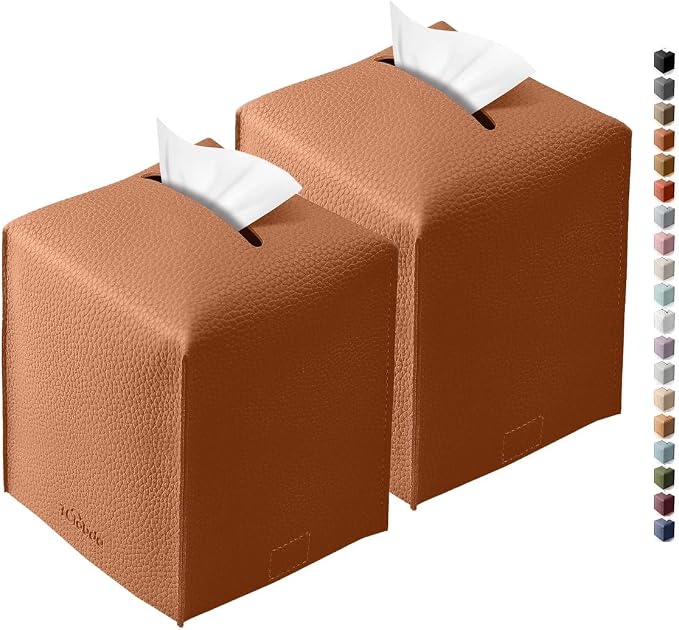 Tissue Box Cover for PU Leather, Modern Simple Solid Color Holder Square Tissue Bag, Ideal for Bathrooms,Office,Car,Nightstand,Outdoor Tent,Dining Table,5"X5"X5", Double Camel by Tclouda