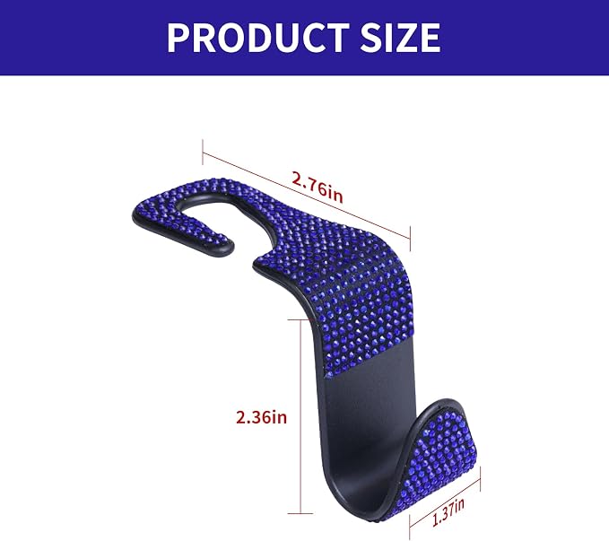 4PCS Bling Car Seat Headrest Hooks, Vehicle Back Seat Purse Handbag Hanging Holder with Crystal Rhinestone, Diamond Storage Organizer Hook,Bling Car Accessories for Women (Blue) - Image 2