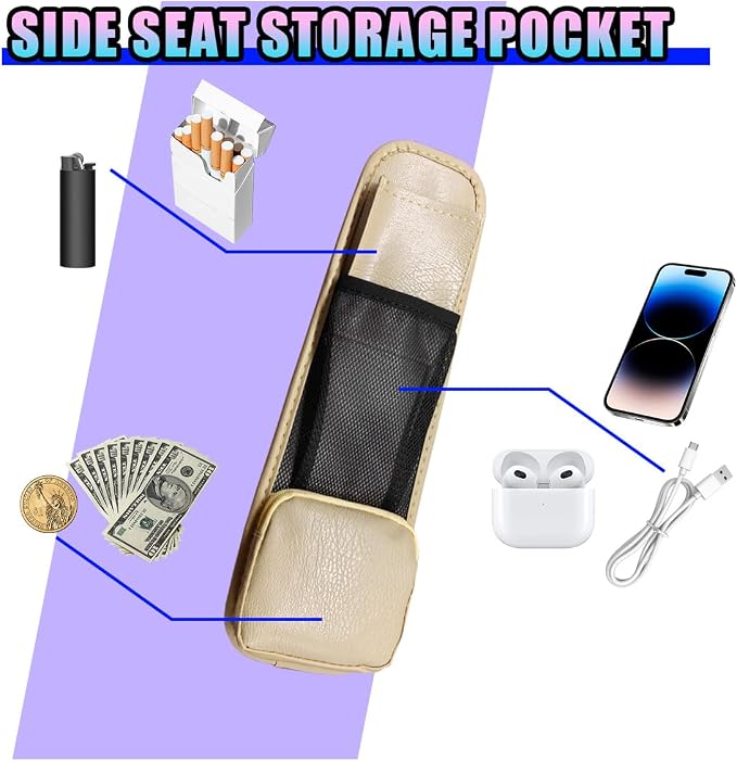 Leather Car Seat Side Organizer, Multi-Pocket Hanging Storage Bag, Front Seat Gap Holder for Phone Wallet Glasses, Universal Auto Accessories for SUV Truck RV (Beige) - Image 6
