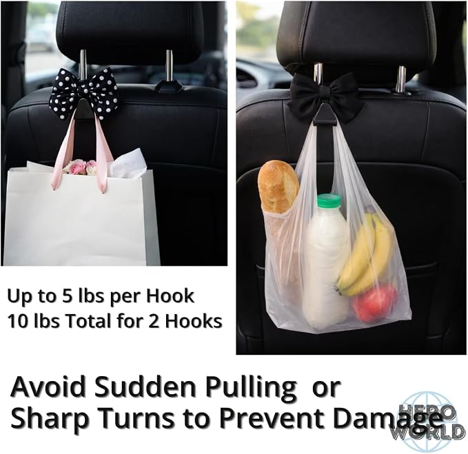 Car Headrest Hooks 2 Pack Seat Back Hanger for Bags and Groceries Heavy Duty Auto Organizer Easy Install Storage Hook for Purse Handbag Shopping Bags (Pink Bow) - Image 5