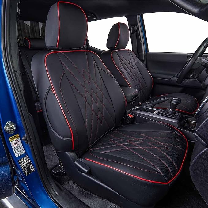 EKR Custom Fit Tacoma Front Car Seat Covers for Toyota Tacoma 2016 2017 2018 2019 2020 2021 2022 2023 Double Cab/Access Cab - Front Row Only, Faux Leather(Black with Red Trim) by EKR