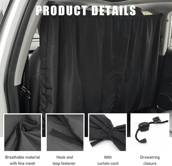 Ohleats Car Divider Curtain, Automotive Privacy Blackout Divider Curtain for Sleeping & Camping, Removable Vehicle Sunshade Screen Blocks Heat, UV Rays, Universal Car Accessories - Image 3