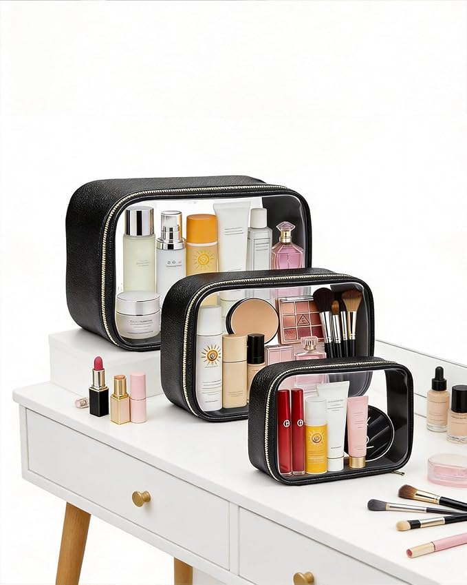 Clear Makeup Bags with Zipper, 3 Pack Clear Cosmetic Bag Set Makeup Organizer TSA Approved Travel Toiletry Bag for Carry-on & Checked Luggage Water Resistant Car Storage Organizer Women - Image 2