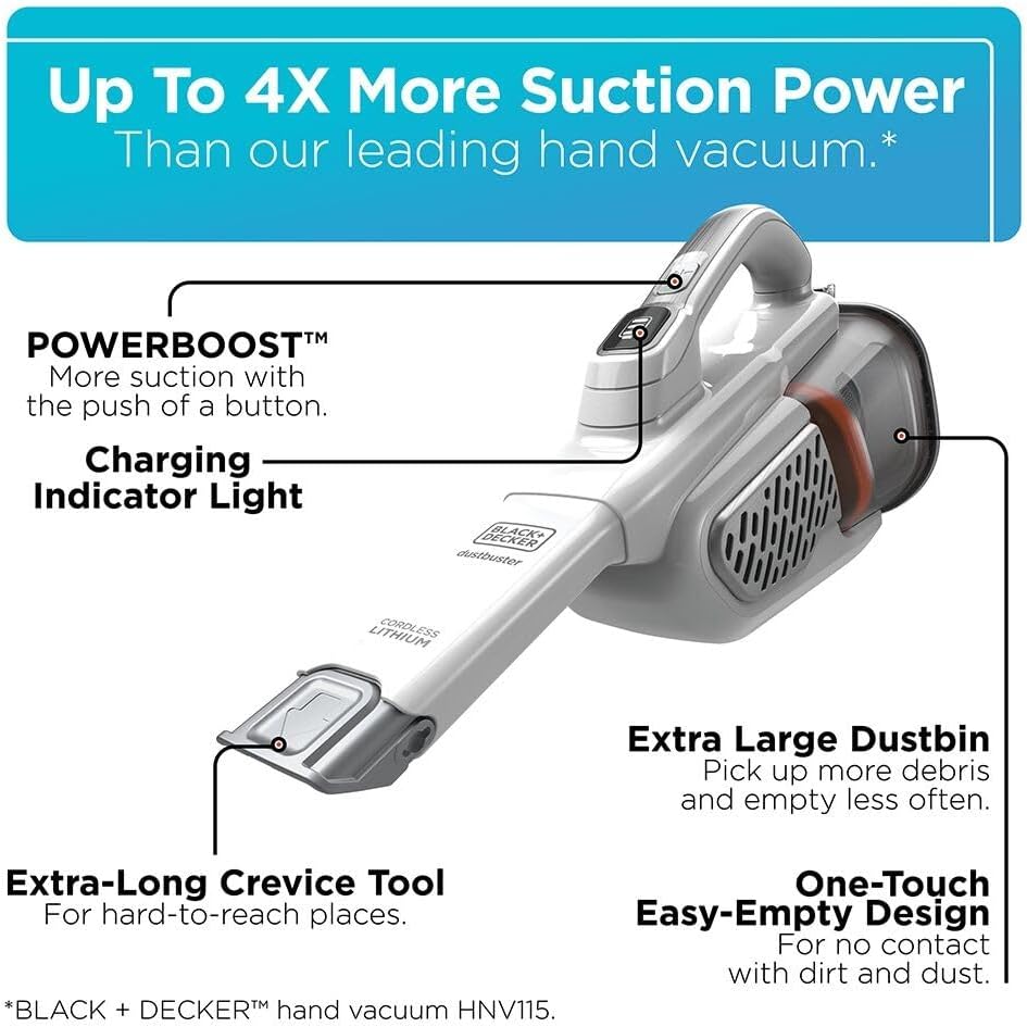 BLACK+DECKER Dust Buster Hand Held Vacuum Cordless Rechargeable, Portable Vacuum for Car, Extended Runtime, Powerful Suction, Extra Long Crevice Tool, AdvancedClean+ (HHVK320J10) - Image 2