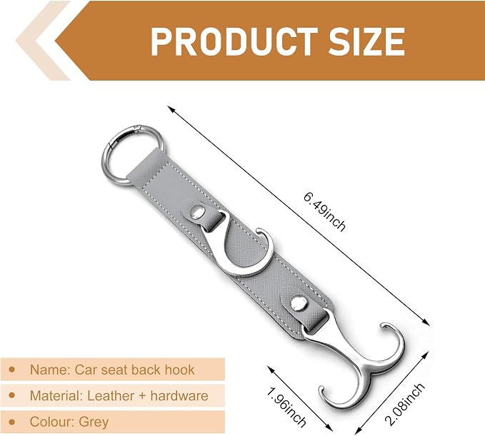 2 PCS Car Headrest Hooks, Faux Leather Organizer Multifunctional Car Hooks, Unisex Car Storage Accessories, Suitable for Hanging Wallets, Handbags, Umbrellas & Hats (Gray) - Image 2