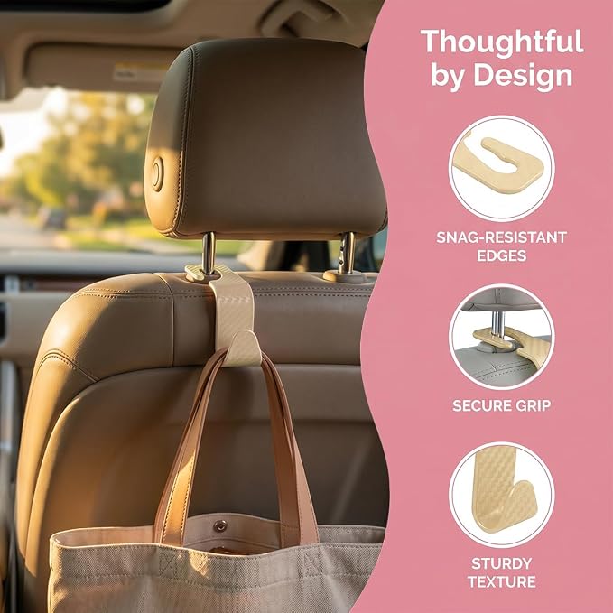 4 Pack Headrest Hooks for Vehicle Seats, Carbon Fiber/Beige | rear-row hanging storage, supports bags coats and groceries, fits matching headrest posts, interior accessory - Image 3