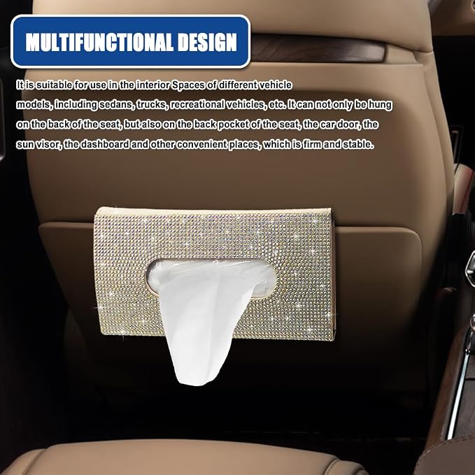 Bling Car Sun Visor Tissue Box Holder, Visor Accessories, Rhinestone PU Leather Crystal Sparkling Napkin Holder, Auto Sun Visor Paper Towel Cover Case Accessories for Most Cars (Beige+Colorful) - Image 6